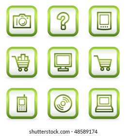 Electronics web icons set 1, square buttons, green contour