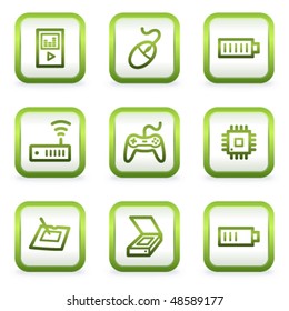 Electronics web icons set 2, square buttons, green contour