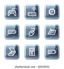 Electronics web icons, square blue mineral buttons series set 2