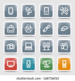 Electronics white contour icons on color buttons.