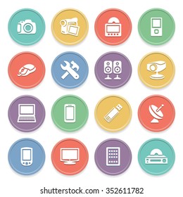 Electronics white icons on color buttons.