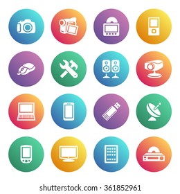 Electronics white icons on color buttons.