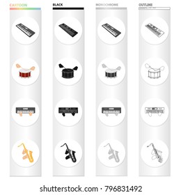 Electroorgan, playing the drum, saxophone, hand movement, musical instrument. Playing the Instrument set collection icons in cartoon black monochrome outline style vector symbol stock isometric