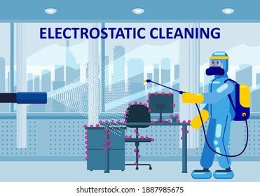 Electrostatic Disinfection Cleaning service. Man dressed in uniform in a special suit with equipment with electrostatic spray conducts disinfection in the office