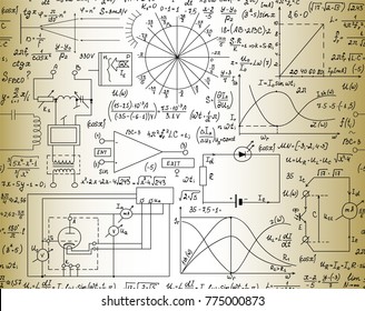 Electrotechnical vector seamless pattern with handwritten formulas, mathematical calculations and plots