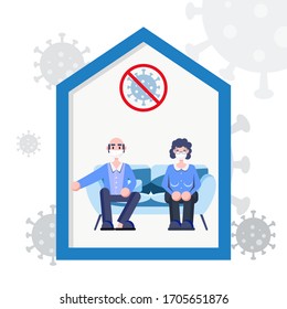 Elederly retired wearing surgical mask sitting on sofa at home. Stay home save life concept. Covid-19 coronavirus pandemic outbreak. Health care and medical vector. Abstract people flat character.