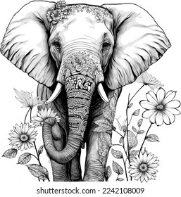 Elefante Blumen, schwarz-weißer Vektorgrafik