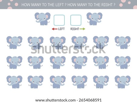 Elefant left or right worksheet. Educational activity for kids. Preschool and kindergaten educational game