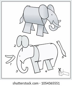 Elefant from pieces of paper. ?omposite figure. Complex form with blueprint template. Vector illustration