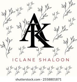 Elegan Initial AK Logo with Floral Element. Minimalist AK Monogram with Botanical Illustration. Wedding logos, hand drawn elegant, delicate and minimalist monogram collection.