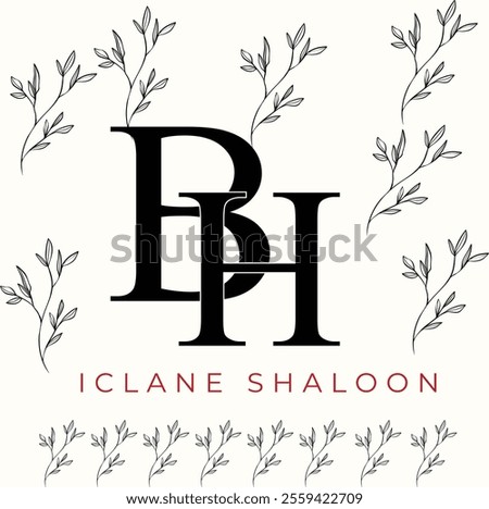 Elegan Initial BH Logo with Floral Element. Minimalist HB Monogram with Botanical Illustration. Wedding logos, hand drawn elegant, delicate and minimalist monogram collection. Print