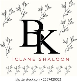 Elegan Initial BK Logo with Floral Element. Minimalist KB Monogram with Botanical Illustration. Wedding logos, hand drawn elegant, delicate and minimalist monogram collection. Print