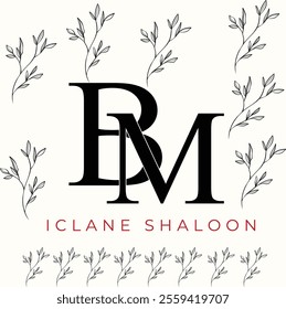Elegan Initial BM Logo with Floral Element. Minimalist MB Monogram with Botanical Illustration. Wedding logos, hand drawn elegant, delicate and minimalist monogram collection. Print