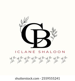 Elegan Initial CB Logo with Floral Element. Minimalist BC Monogram with Botanical Illustration. Wedding logos, hand drawn elegant, delicate and minimalist,black and white vintage logo for beauty shop.