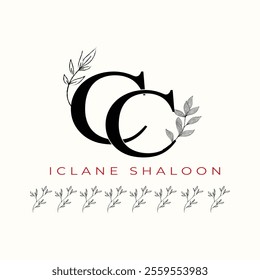 Elegan Initial CC Logo with Floral Element. Minimalist CC Monogram with Botanical Illustration. Wedding logos, hand drawn elegant, delicate and minimalist,black and white vintage logo for beauty shop.