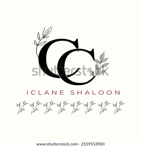 Elegan Initial CC Logo with Floral Element. Minimalist CC Monogram with Botanical Illustration. Wedding logos, hand drawn elegant, delicate and minimalist,black and white vintage logo for beauty shop.