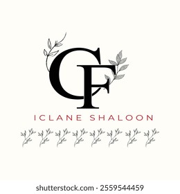 Elegan Initial CF Logo with Floral Element. Minimalist SF Monogram with Botanical Illustration. Wedding logos, hand drawn elegant, delicate and minimalist,black and white vintage logo for beauty shop.