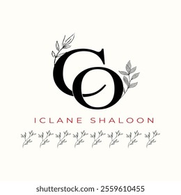 Elegan Initial CO Logo with Floral Element. Minimalist OC Monogram with Botanical Illustration. Wedding logos, hand drawn elegant, delicate and minimalist,black and white vintage logo for beauty shop.