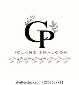 Elegan Initial CP Logo with Floral Element. Minimalist PC Monogram with Botanical Illustration. Wedding logos, hand drawn elegant, delicate and minimalist,black and white vintage logo for beauty shop.