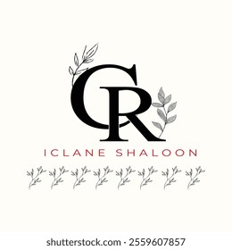 Elegan Initial CR Logo with Floral Element. Minimalist RC Monogram with Botanical Illustration. Wedding logos, hand drawn elegant, delicate and minimalist,black and white vintage logo for beauty shop.