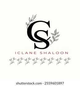 Elegan Initial CS Logo with Floral Element. Minimalist SC Monogram with Botanical Illustration. Wedding logos, hand drawn elegant, delicate and minimalist,black and white vintage logo for beauty shop.