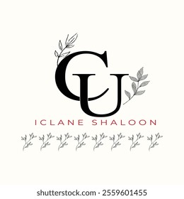 Elegan Initial CU Logo with Floral Element. Minimalist UC Monogram with Botanical Illustration. Wedding logos, hand drawn elegant, delicate and minimalist,black and white vintage logo for beauty shop.