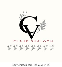 Elegan Initial CV Logo with Floral Element. Minimalist VC Monogram with Botanical Illustration. Wedding logos, hand drawn elegant, delicate and minimalist,black and white vintage logo for beauty shop.