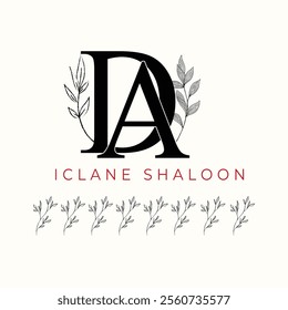 Elegan Initial DA Logo with Floral Element. Minimalist AD Monogram with Botanical Illustration. Wedding logos, hand drawn elegant, delicate and minimalist,black and white vintage logo for beauty shop.