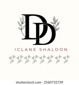 Elegan Initial DD Logo with Floral Element. Minimalist DD Monogram with Botanical Illustration. Wedding logos, hand drawn elegant, delicate and minimalist,black and white vintage logo for beauty shop.