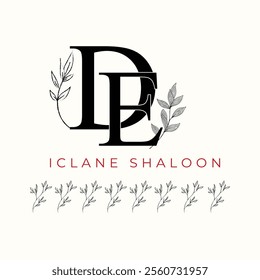 Elegan Initial DE Logo with Floral Element. Minimalist ED Monogram with Botanical Illustration. Wedding logos, hand drawn elegant, delicate and minimalist,black and white vintage logo for beauty shop.