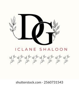 Elegan Initial DG Logo with Floral Element. Minimalist GD Monogram with Botanical Illustration. Wedding logos, hand drawn elegant, delicate and minimalist,black and white vintage logo for beauty shop.