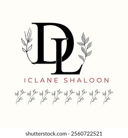 Elegan Initial DL Logo with Floral Element. Minimalist LD Monogram with Botanical Illustration. Wedding logos, hand drawn elegant, delicate and minimalist,black and white vintage logo for beauty shop.