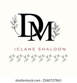 Elegan Initial DM Logo with Floral Element. Minimalist MD Monogram with Botanical Illustration. Wedding logos, hand drawn elegant, delicate and minimalist,black and white vintage logo for beauty shop.
