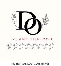 Elegan Initial DO Logo with Floral Element. Minimalist OD Monogram with Botanical Illustration. Wedding logos, hand drawn elegant, delicate and minimalist,black and white vintage logo for beauty shop.