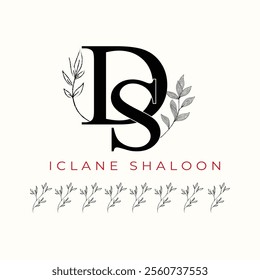 Elegan Initial DS Logo with Floral Element. Minimalist SD Monogram with Botanical Illustration. Wedding logos, hand drawn elegant, delicate and minimalist,black and white vintage logo for beauty shop.