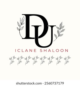 Elegan Initial DU Logo with Floral Element. Minimalist UD Monogram with Botanical Illustration. Wedding logos, hand drawn elegant, delicate and minimalist,black and white vintage logo for beauty shop.