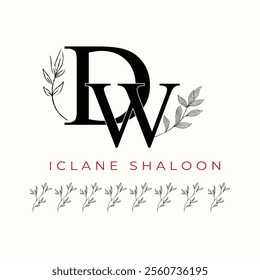 Elegan Initial DW Logo with Floral Element. Minimalist DW Monogram with Botanical Illustration. Wedding logos, hand drawn elegant, delicate and minimalist,black and white vintage logo for beauty shop.