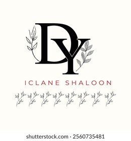 Elegan Initial DY Logo with Floral Element. Minimalist YD Monogram with Botanical Illustration. Wedding logos, hand drawn elegant, delicate and minimalist,black and white vintage logo for beauty shop.