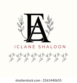 Elegan Initial EA Logo with Floral Element. Minimalist AE Monogram with Botanical Illustration. Wedding logos, hand drawn elegant, delicate and minimalist,black and white vintage logo for beauty shop.