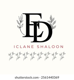 Elegan Initial ED Logo with Floral Element. Minimalist DE Monogram with Botanical Illustration. Wedding logos, hand drawn elegant, delicate and minimalist,black and white vintage logo for beauty shop.