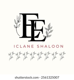 Elegan Initial EE Logo with Floral Element. Minimalist EE Monogram with Botanical Illustration. Wedding logos, hand drawn elegant, delicate and minimalist,black and white vintage logo for beauty shop.