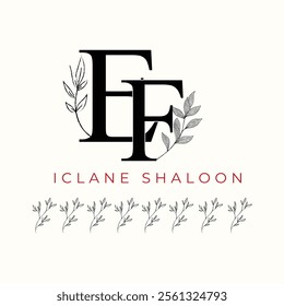 Elegan Initial EF Logo with Floral Element. Minimalist FE Monogram with Botanical Illustration. Wedding logos, hand drawn elegant, delicate and minimalist,black and white vintage logo for beauty shop.