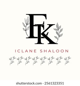 Elegan Initial EK Logo with Floral Element. Minimalist KE Monogram with Botanical Illustration. Wedding logos, hand drawn elegant, delicate and minimalist,black and white vintage logo for beauty shop.