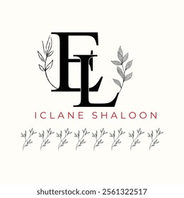 Elegan Initial EL Logo with Floral Element. Minimalist LE Monogram with Botanical Illustration. Wedding logos, hand drawn elegant, delicate and minimalist,black and white vintage logo for beauty shop.