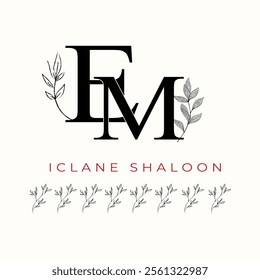 Elegan Initial EM Logo with Floral Element. Minimalist ME Monogram with Botanical Illustration. Wedding logos, hand drawn elegant, delicate and minimalist,black and white vintage logo for beauty shop.