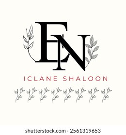 Elegan Initial EN Logo with Floral Element. Minimalist NE Monogram with Botanical Illustration. Wedding logos, hand drawn elegant, delicate and minimalist,black and white vintage logo for beauty shop.