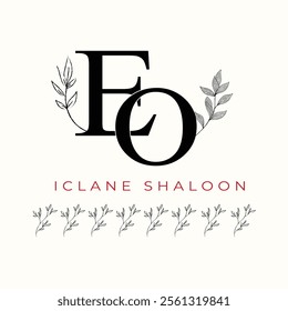 Elegan Initial EO Logo with Floral Element. Minimalist OE Monogram with Botanical Illustration. Wedding logos, hand drawn elegant, delicate and minimalist,black and white vintage logo for beauty shop.