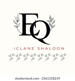 Elegan Initial EQ Logo with Floral Element. Minimalist QE Monogram with Botanical Illustration. Wedding logos, hand drawn elegant, delicate and minimalist,black and white vintage logo for beauty shop.