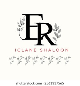 Elegan Initial ER Logo with Floral Element. Minimalist RE Monogram with Botanical Illustration. Wedding logos, hand drawn elegant, delicate and minimalist,black and white vintage logo for beauty shop.