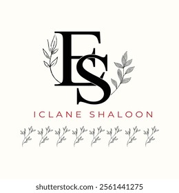 Elegan Initial ES Logo with Floral Element. Minimalist SE Monogram with Botanical Illustration. Wedding logos, hand drawn elegant, delicate and minimalist,black and white vintage logo for beauty shop.